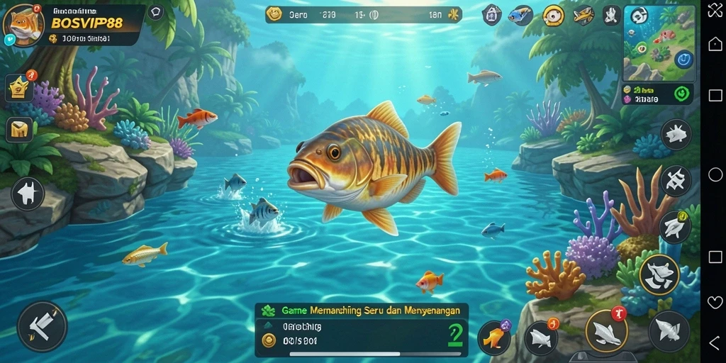 Tampilan gameplay seru saat memancing di lokasi eksotis.