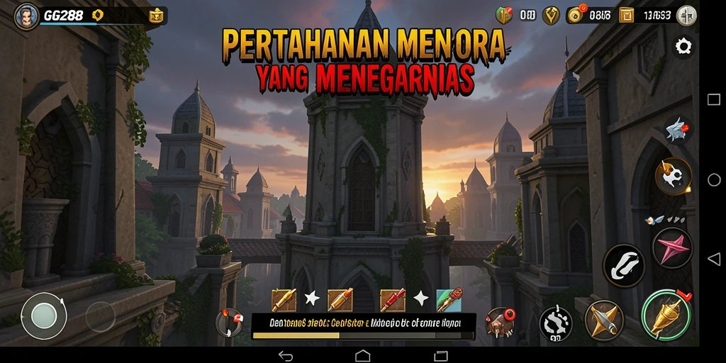 Screenshot gameplay GG288 menampilkan aksi menara bertahan melawan gelombang musuh.