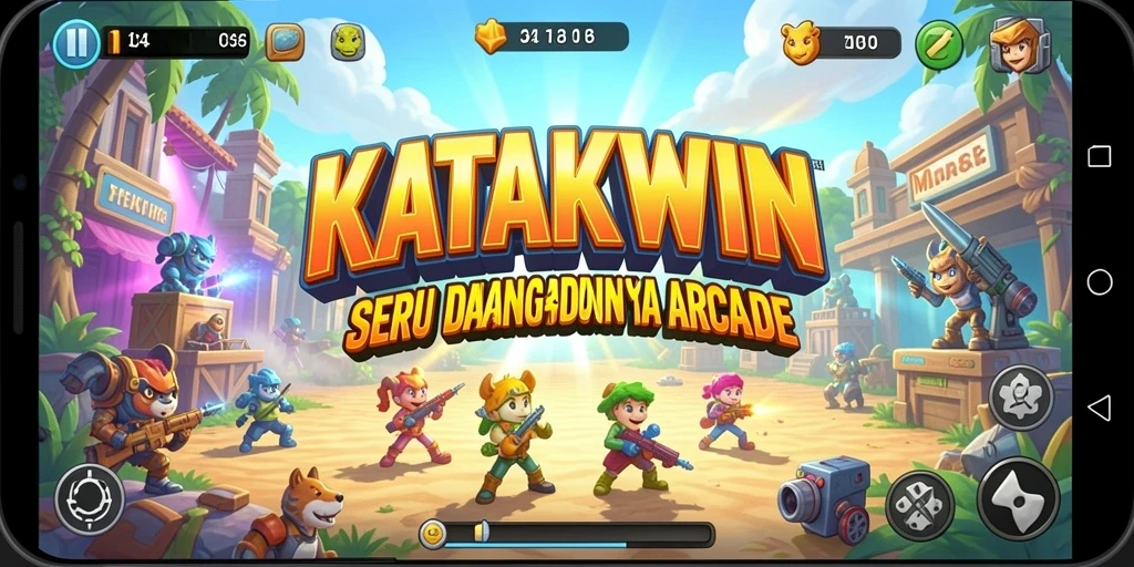 Screenshot utama KATAKWIN menunjukkan gameplay seru dalam game arcade.