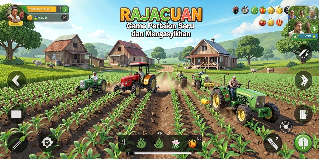 Gambar gameplay RAJACUAN menunjukkan petani sedang merawat tanaman.