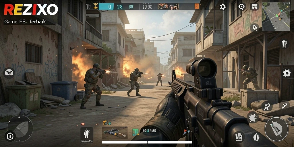 Tangkapan layar gameplay menunjukkan aksi tembak-menembak yang mendebarkan.