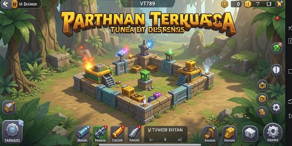 Tangkapan layar VT789 menampilkan aksi intens dalam pertahanan menara di dunia fantasi.